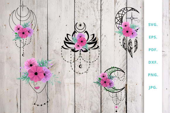 Floral and Crescent Moon Bundle: Graphics for Crafts & Branding
